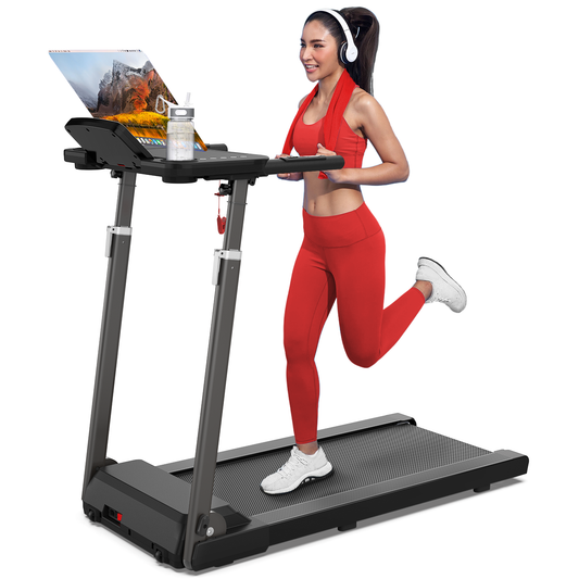 Adjustable Height Treadmill Desk Workstation with Bluetooth Speaker Foldable Design 300 LBS Capacity Quiet Motor for Home Office