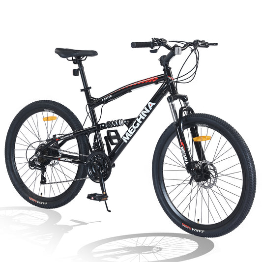 26 Inch Aluminum Alloy Mountain Bike for Men & Women - 21-Speed Gears, Dual Suspension, All-Terrain Tires, Front/Rear Disc Brakes (Black))