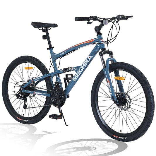 26 Inch Aluminum Alloy Mountain Bike for Men & Women - 21-Speed Gears, Dual Suspension, All-Terrain Tires, Front/Rear Disc Brakes (Blue)