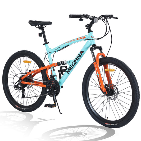 26 Inch Aluminum Alloy Mountain Bike for Men & Women - 21-Speed Dual Suspension, All-Terrain Tires, Front/Rear Disc Brakes (Cyan)