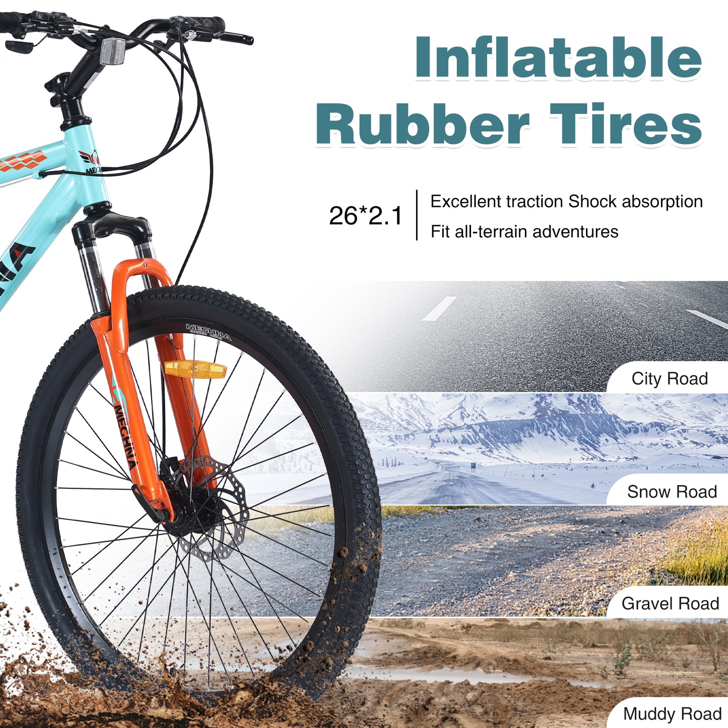 26 Inch Aluminum Alloy Mountain Bike for Men & Women - 21-Speed Dual Suspension, All-Terrain Tires, Front/Rear Disc Brakes (Cyan)