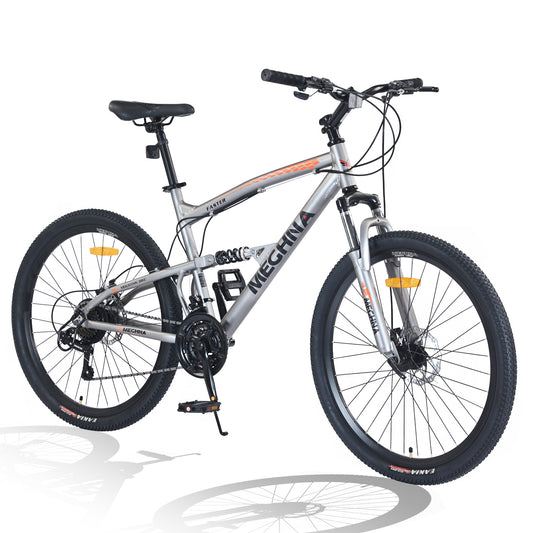 26 Inch Aluminum Alloy Mountain Bike for Men & Women - 21-Speed Gears, Dual Suspension, All-Terrain Tires, Front/Rear Disc Brakes (Silver)