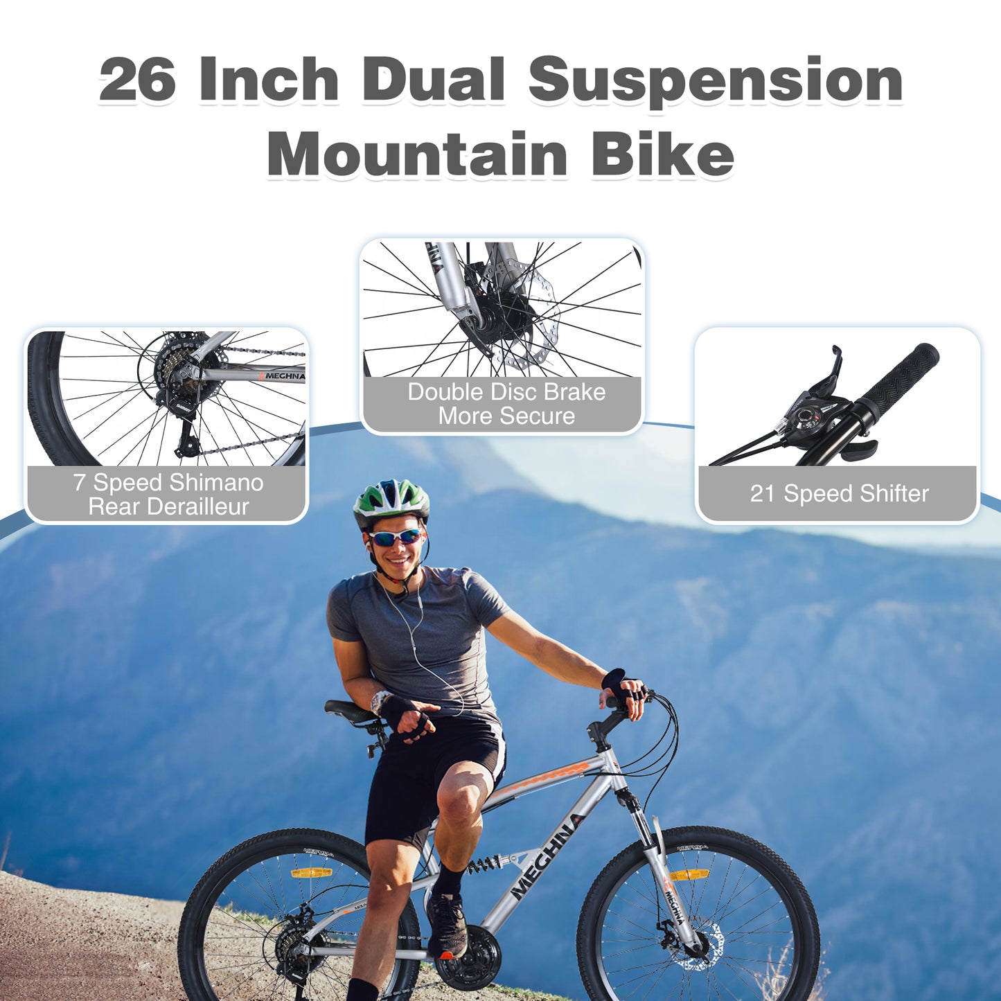 26 Inch Aluminum Alloy Mountain Bike for Men & Women - 21-Speed Gears, Dual Suspension, All-Terrain Tires, Front/Rear Disc Brakes (Silver)