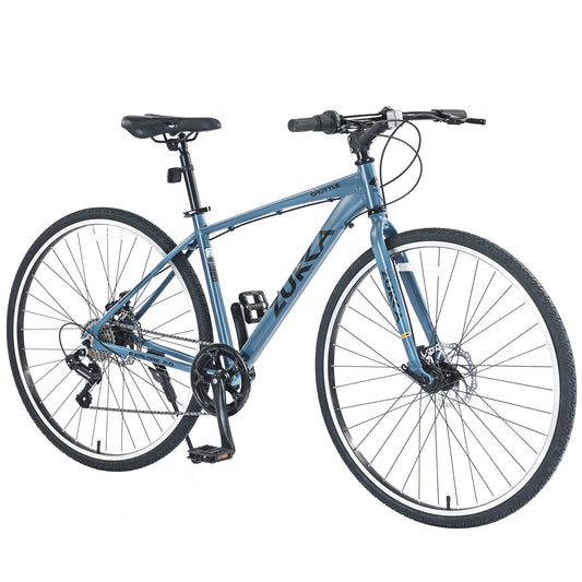 7-Speed Aluminum Hybrid Commuter Bike - 700C Light weight Frame, Dual Disc Brakes, Pre-Assembled City Road Bicycle for Men & Women - Blue Gray