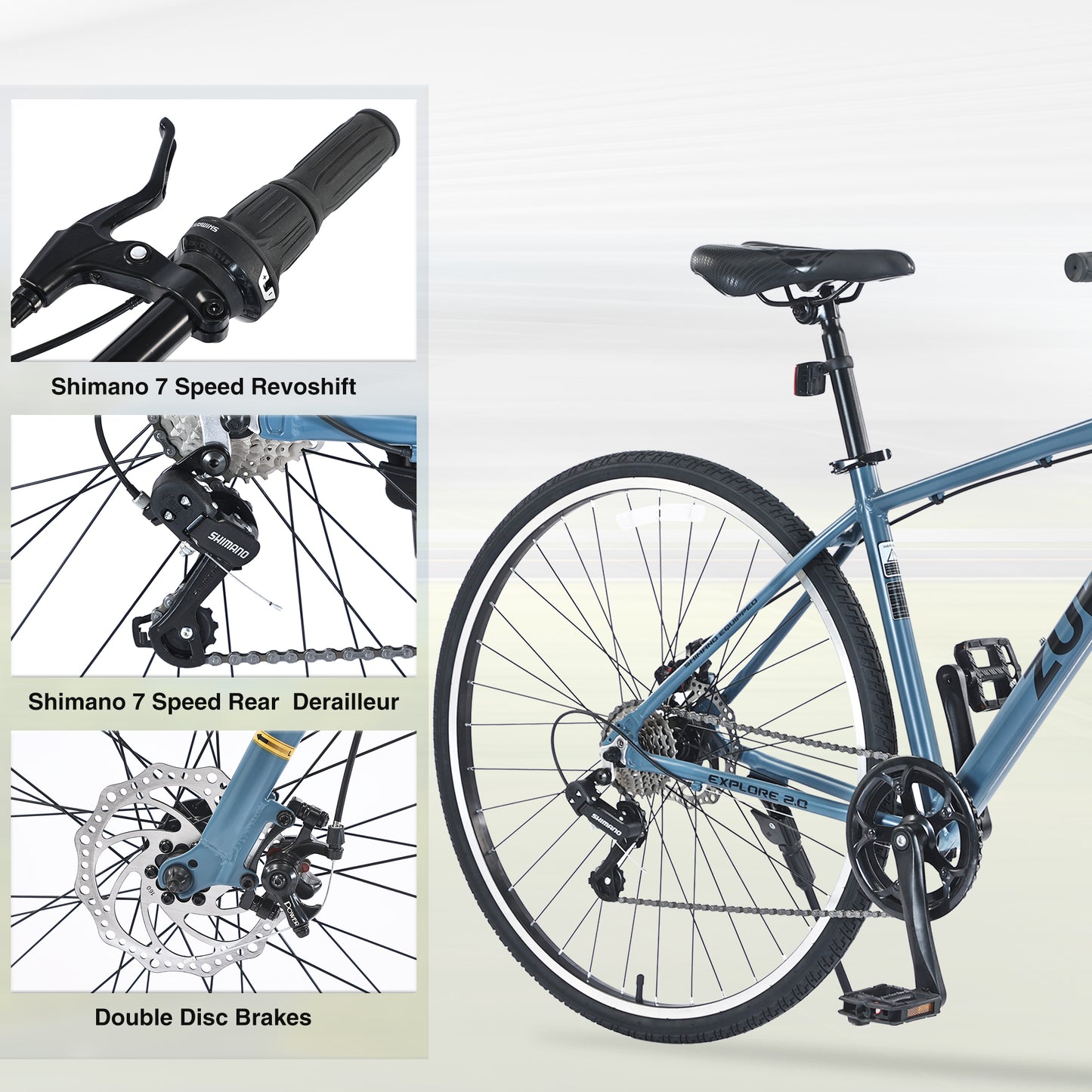 7-Speed Aluminum Hybrid Commuter Bike - 700C Light weight Frame, Dual Disc Brakes, Pre-Assembled City Road Bicycle for Men & Women - Blue Gray
