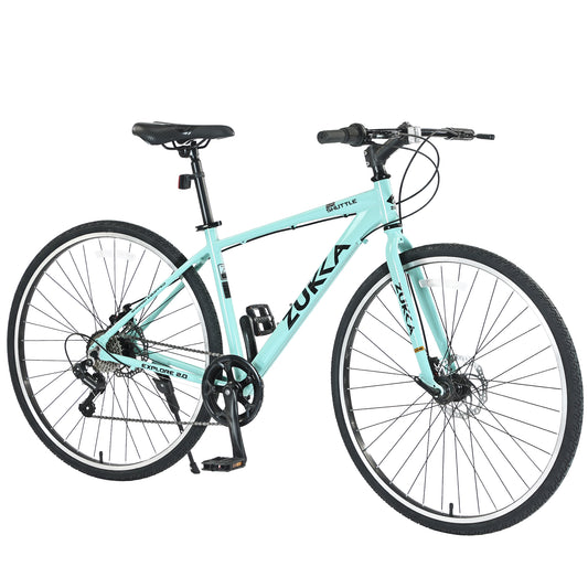7-Speed Aluminum Hybrid Commuter Bike - 700C Light weight Frame, Dual Disc Brakes, Pre-Assembled City Road Bicycle for Men & Women - Green