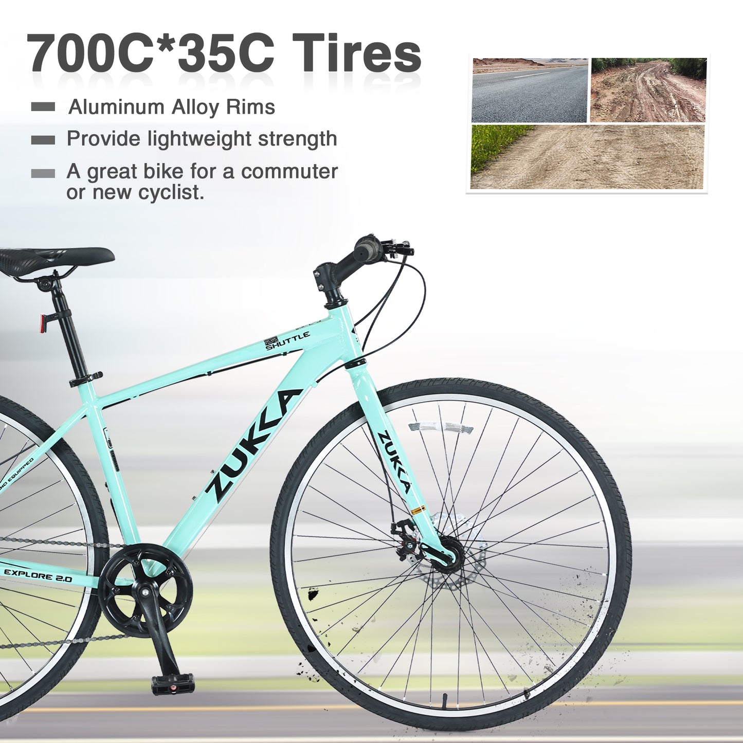 7-Speed Aluminum Hybrid Commuter Bike - 700C Light weight Frame, Dual Disc Brakes, Pre-Assembled City Road Bicycle for Men & Women - Green