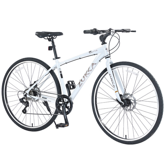 7-Speed Aluminum Hybrid Commuter Bike - 700C Light weight Frame, Dual Disc Brakes, Pre-Assembled City Road Bicycle for Men & Women - White