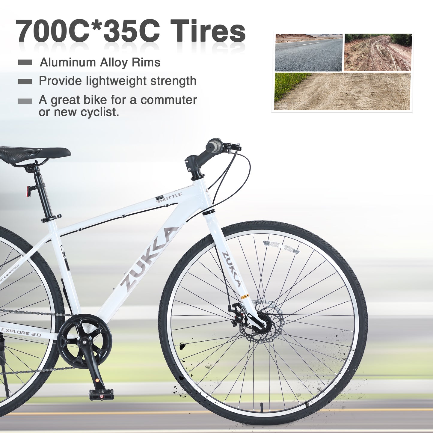 7-Speed Aluminum Hybrid Commuter Bike - 700C Light weight Frame, Dual Disc Brakes, Pre-Assembled City Road Bicycle for Men & Women - White