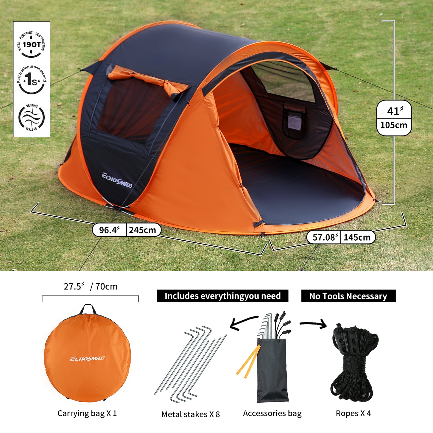 2-Person Instant Pop-Up Camping Tent Automatic Setup in 10 Seconds Lightweight Water-Resistant Dome Tent with Enhanced Ventilation