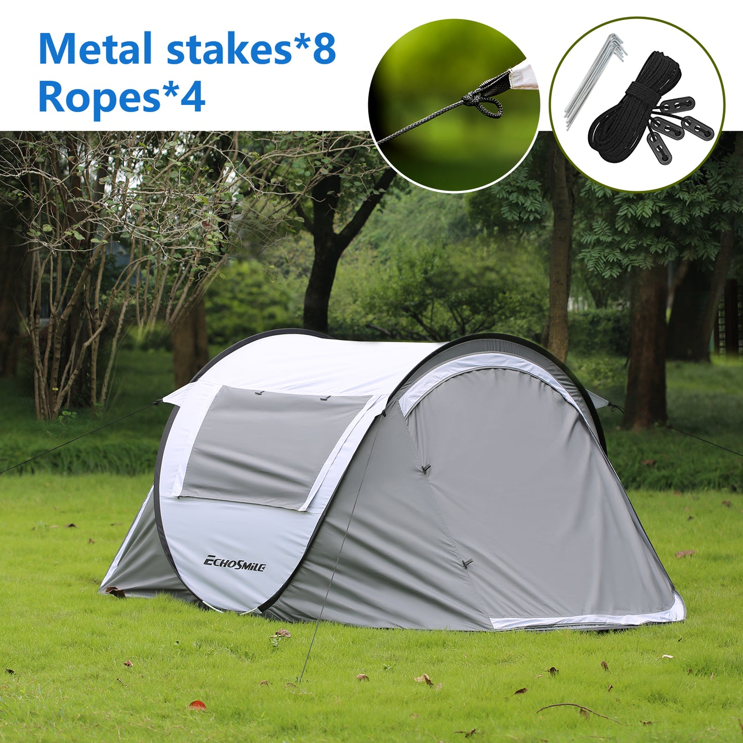 2-Person Instant Pop Up Tent – 10-Second Setup, Reinforced Fiberglass Poles & 4 Mesh Windows for Ventilated Camping Comfort