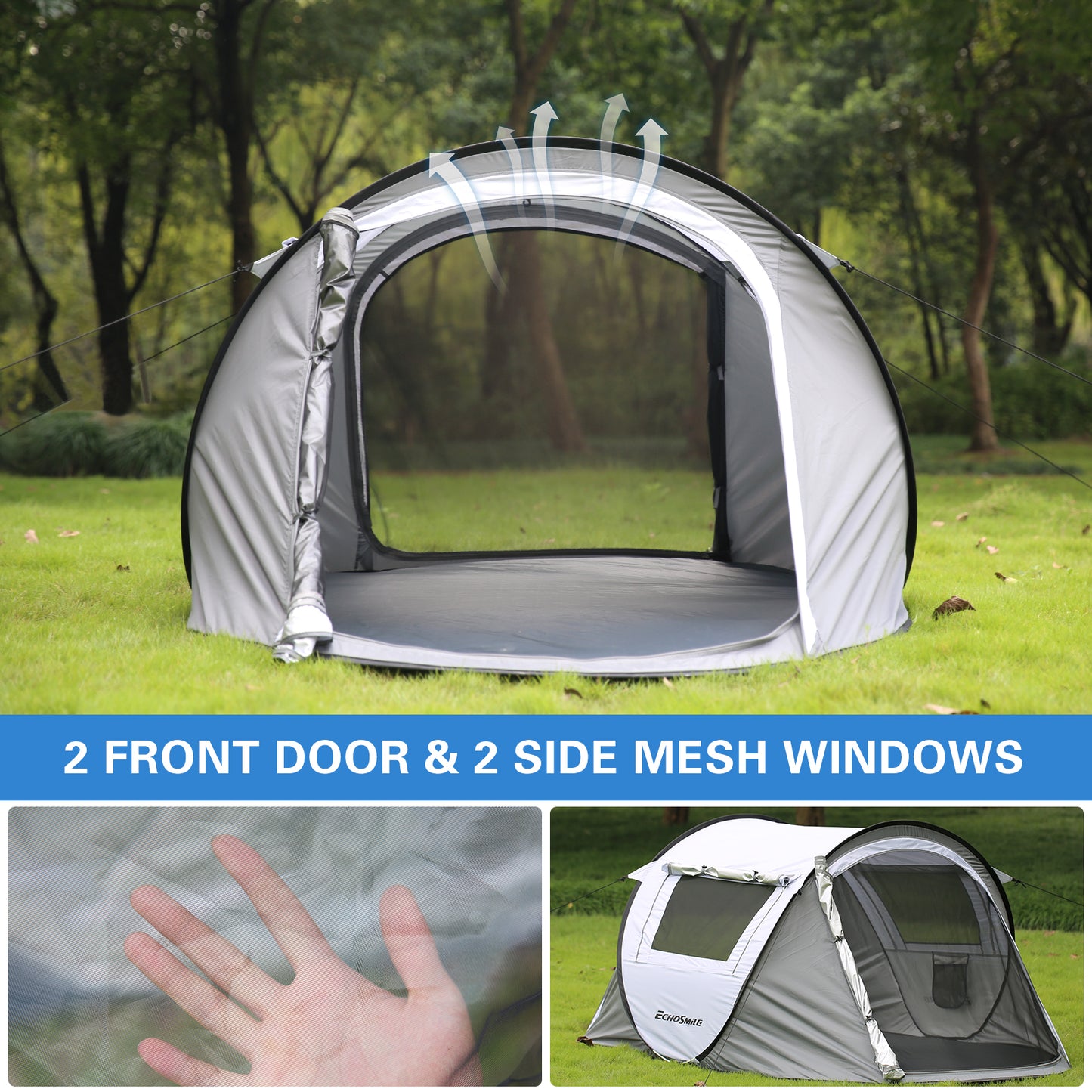 2-Person Instant Pop Up Tent – 10-Second Setup, Reinforced Fiberglass Poles & 4 Mesh Windows for Ventilated Camping Comfort