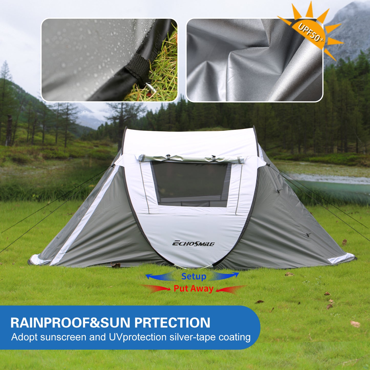 2-Person Instant Pop Up Tent – 10-Second Setup, Reinforced Fiberglass Poles & 4 Mesh Windows for Ventilated Camping Comfort