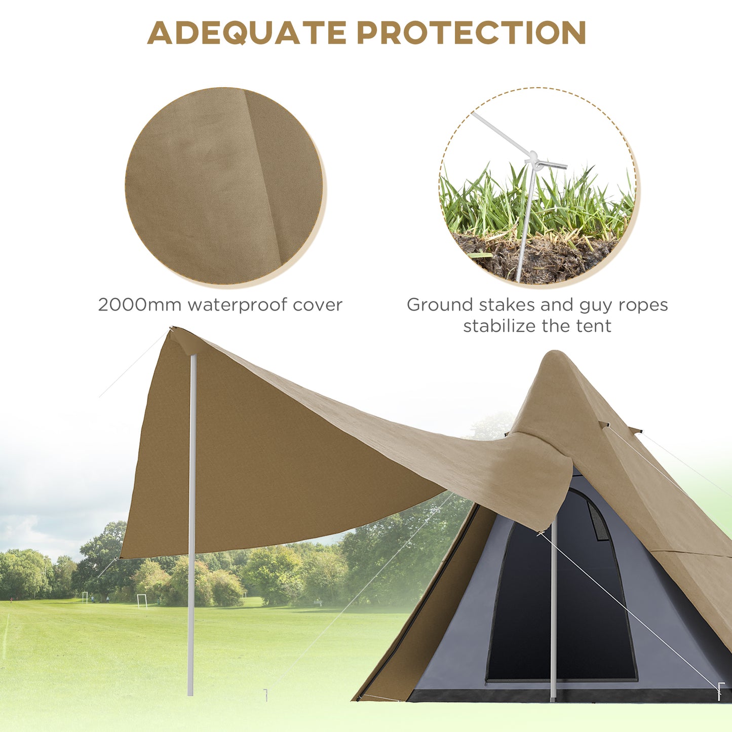 2-3 People Teepee Camping Tent, Waterproof Shelter with Spacious Porch, Instant Setup & Lightweight Backpacking Design