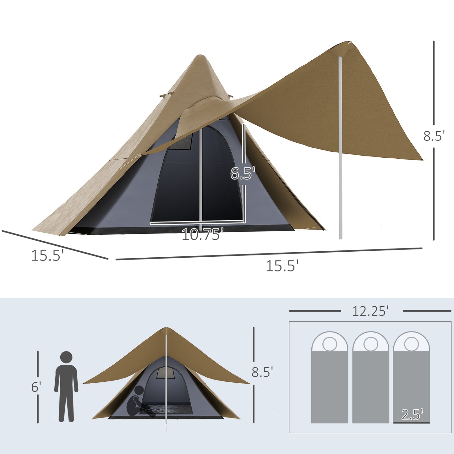 2-3 People Teepee Camping Tent, Waterproof Shelter with Spacious Porch, Instant Setup & Lightweight Backpacking Design