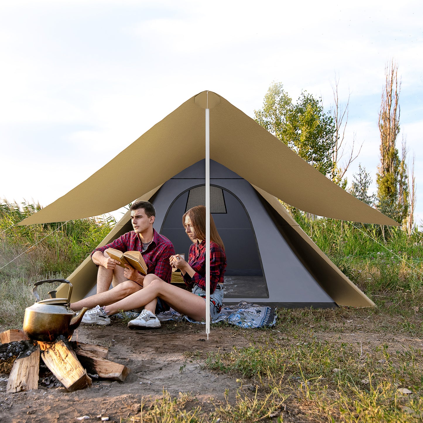 2-3 People Teepee Camping Tent, Waterproof Shelter with Spacious Porch, Instant Setup & Lightweight Backpacking Design