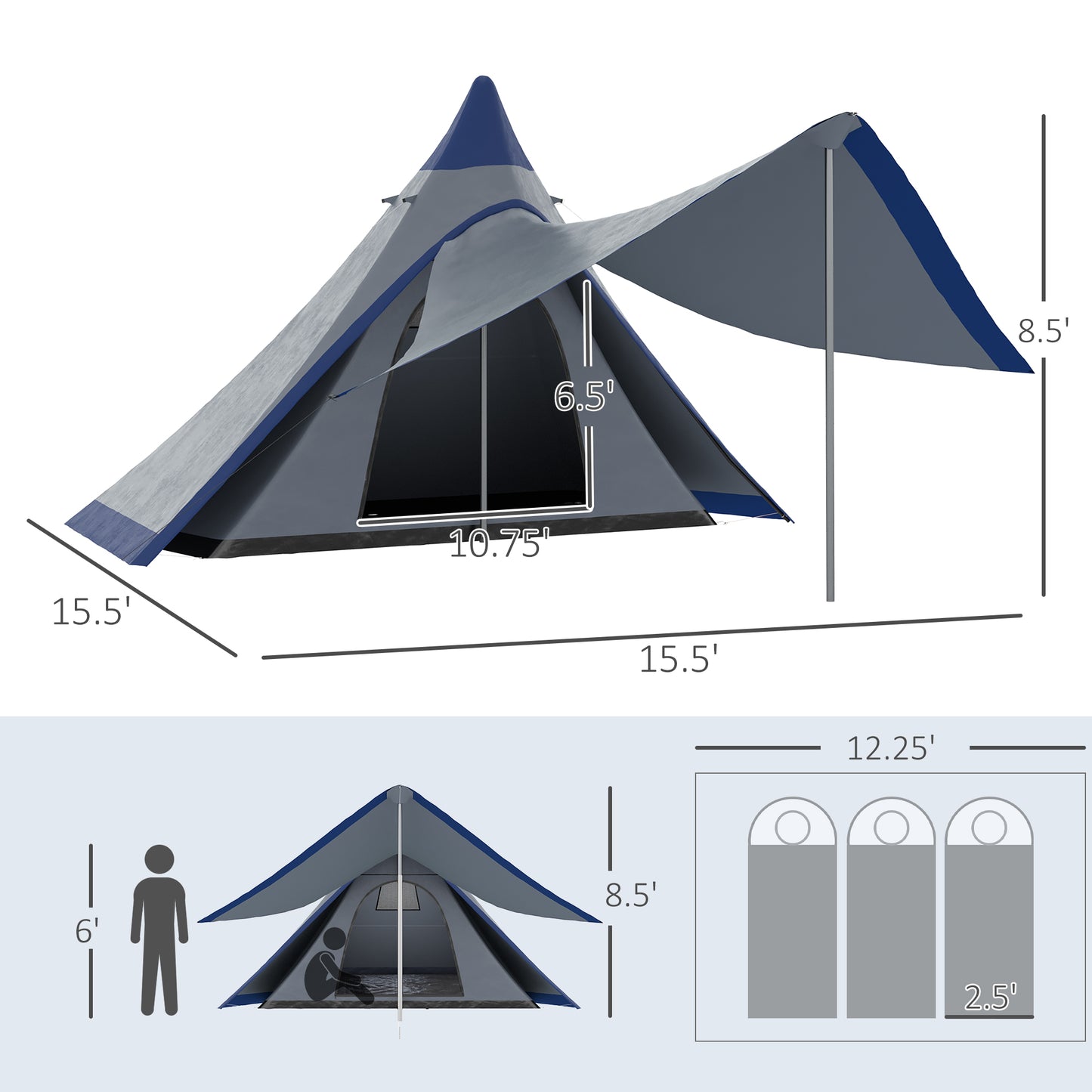 15.4'x15.4' Teepee Camping Tent for 2-3 People – Waterproof Shelter with Spacious Porch, Instant Setup & Lightweight Backpacking Design