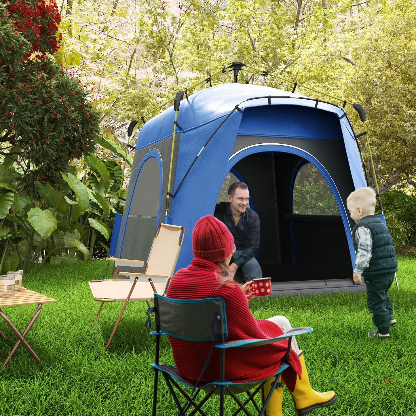 4-Person Hydraulic Pop Up Tent – Instant 1-Minute Setup, Weather-Resistant Family Camping Shelter with 4 Doors & Storage Pockets