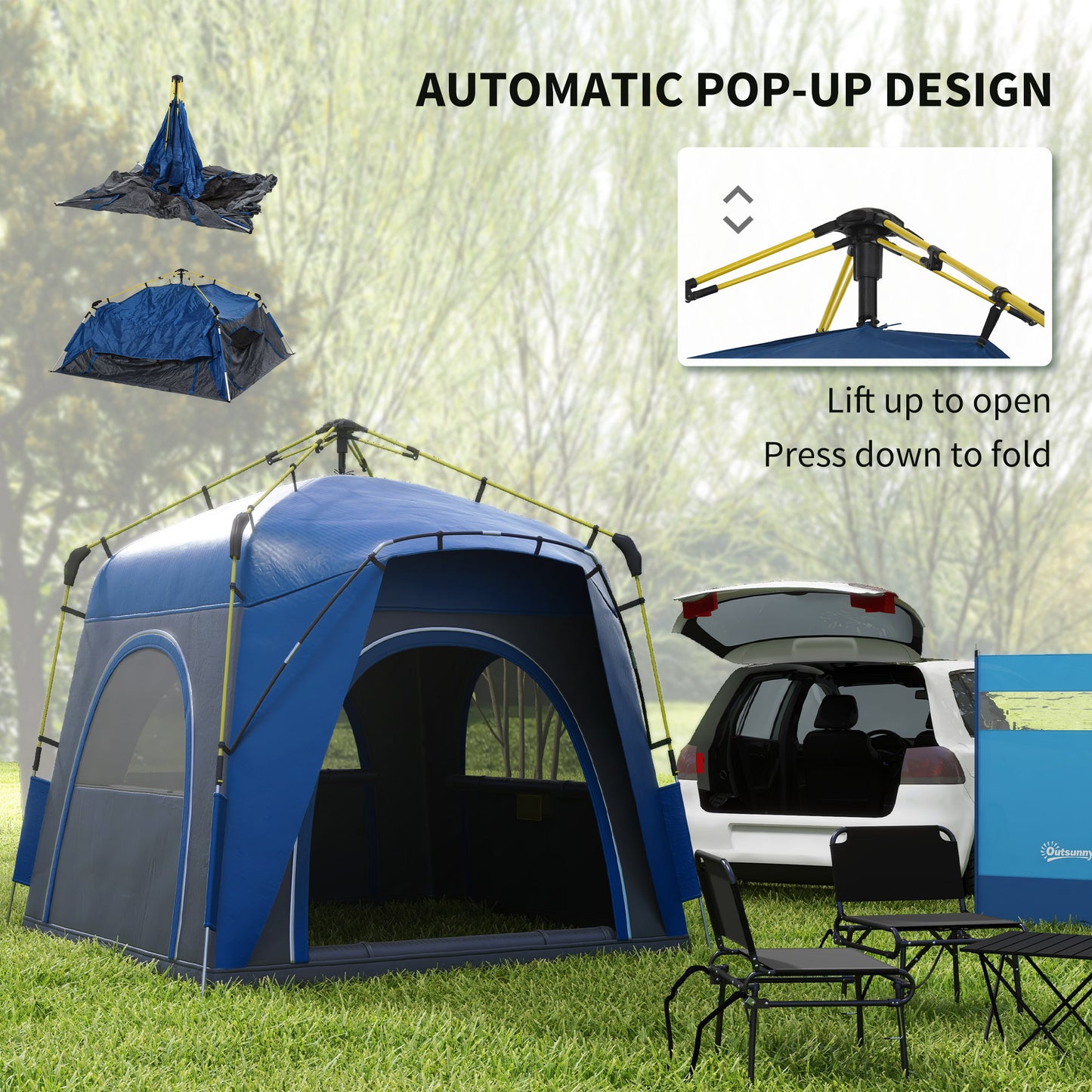 4-Person Hydraulic Pop Up Tent – Instant 1-Minute Setup, Weather-Resistant Family Camping Shelter with 4 Doors & Storage Pockets